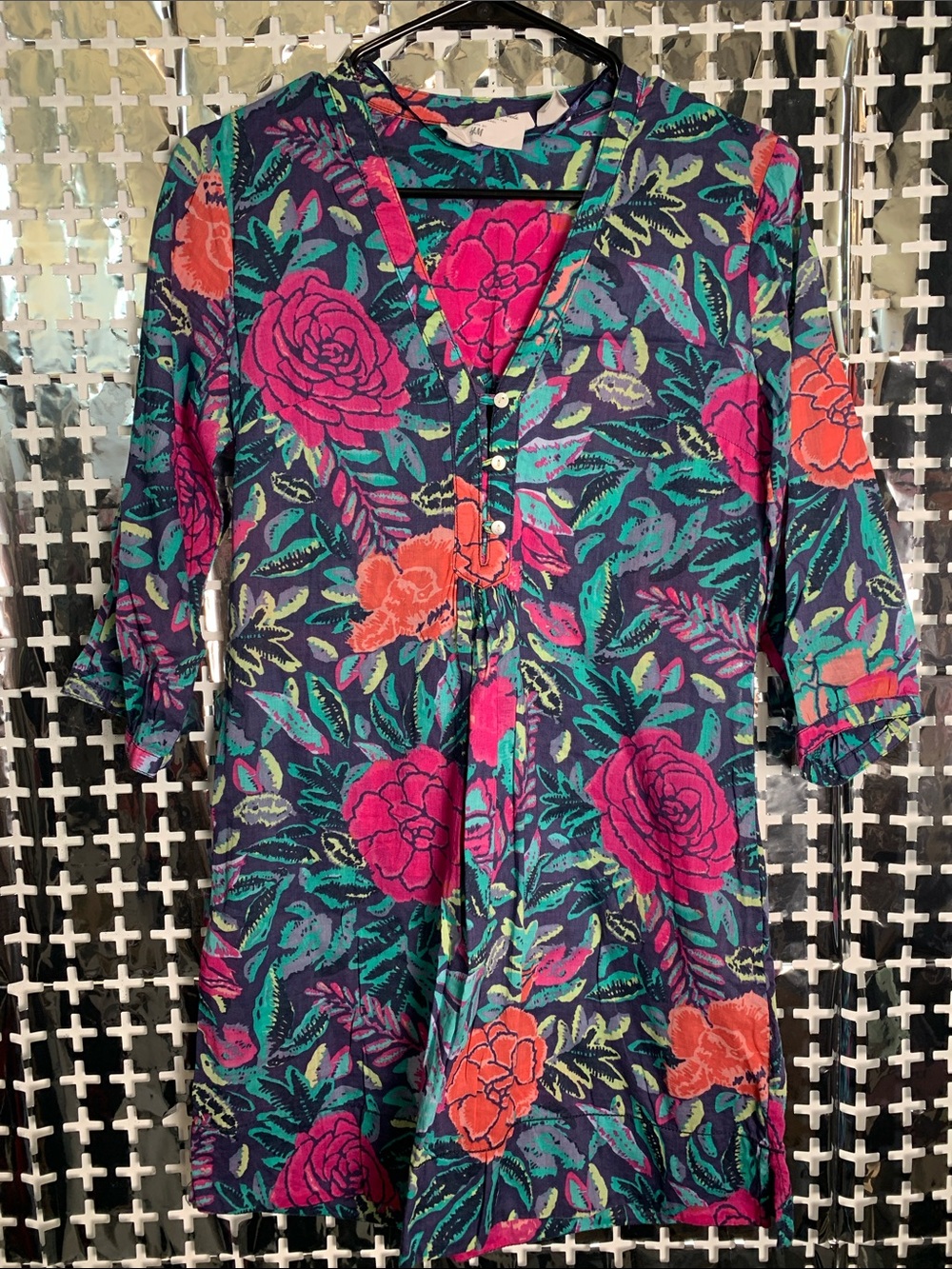 H&M Navy Tunic Swim Coverup with Pink & Orange Floral Pattern